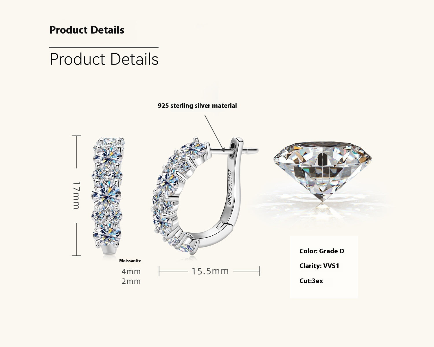 Moissanite Earring Eardrop Girls' High-grade Ear Clip