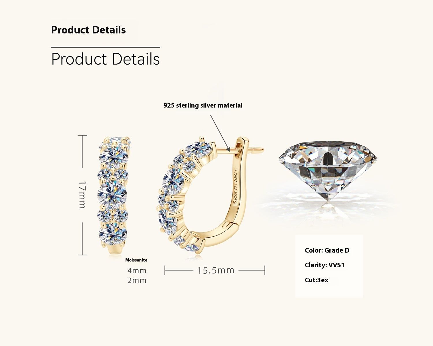 Moissanite Earring Eardrop Girls' High-grade Ear Clip